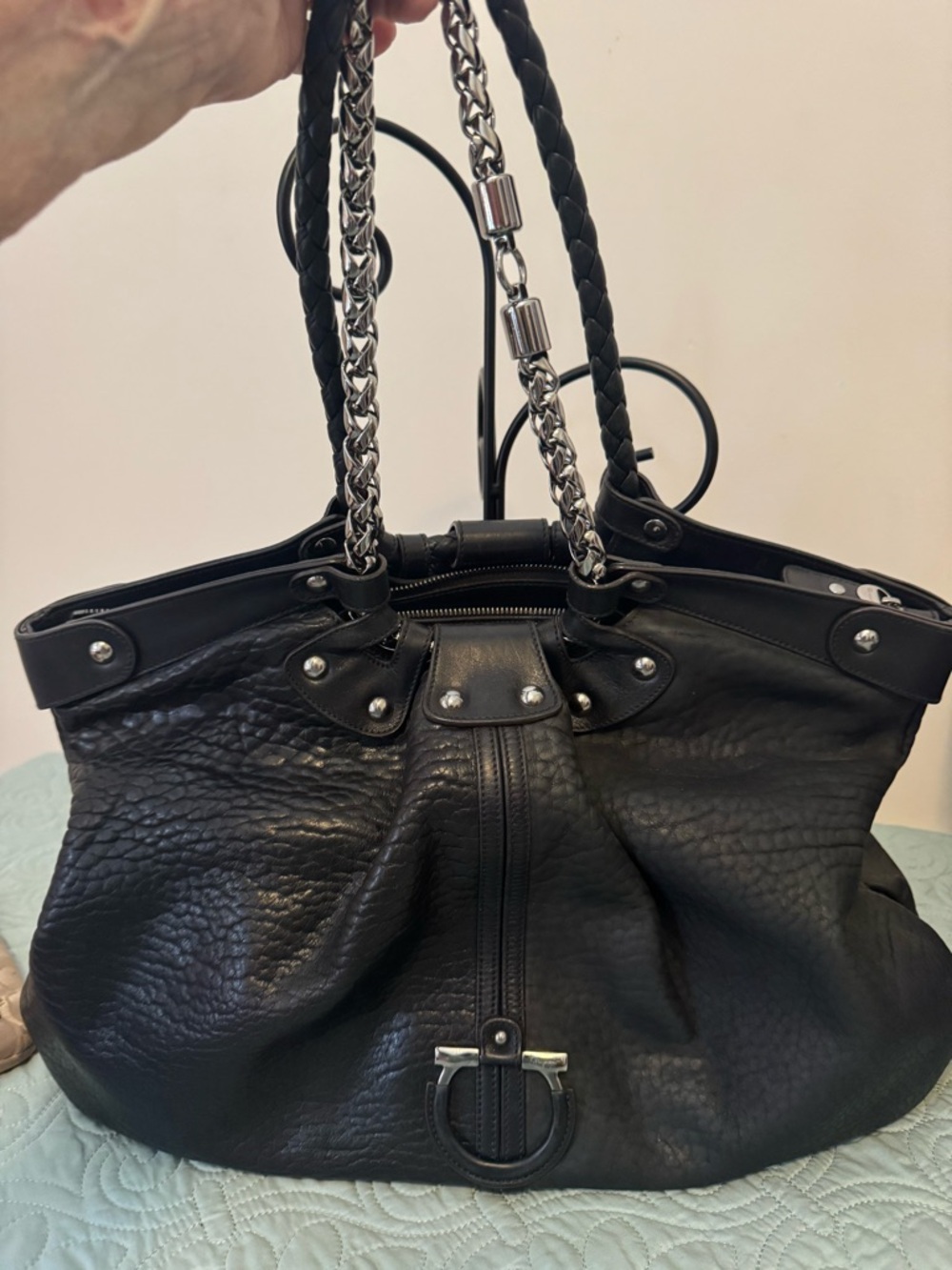 Salvatore Ferragamo Two Tone Pebbled Leather Large Shoulder Bag